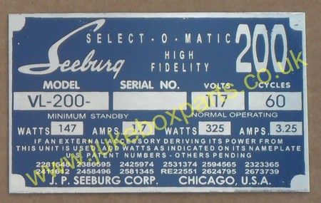 Seeburg VL200 Aluminium Identification Plate (JP571)