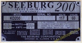 Seeburg KD200 Aluminium Identification Plate (JP583)
