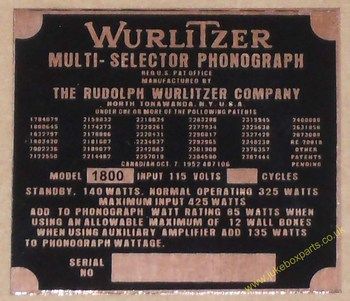 Wurlitzer 1800 Copper Identification Plate (JP598)