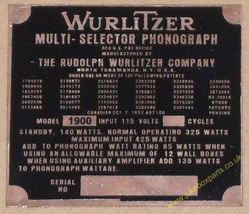 Wurlitzer 1900 Copper Identification Plate (JP599)