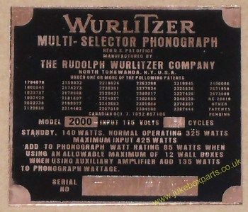 Wurlitzer 2000 Copper Identification Plate (JP600)