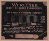 Wurlitzer 2100 Copper Identification Plate (JP601)