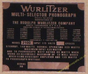 Wurlitzer 2100 Copper Identification Plate (JP601)
