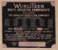 Wurlitzer 2104 Copper Identification Plate (JP602)