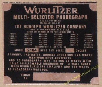Wurlitzer 2104 Copper Identification Plate (JP602)