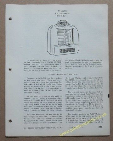 Seeburg Wall-O-Matic Type 3W-1 Information & Parts List (USM319)